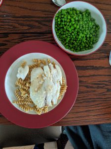 white fish and pasta and peas