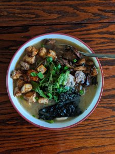 miso tofu soup with roasted mushrooms