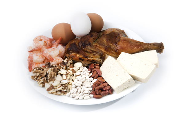 Plate full of protein foods: tofu, beans, nuts, shrimp, chicken, eggs