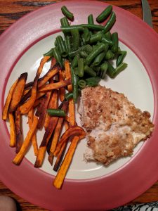 breaded chicken, sweet potatoes, and green beans